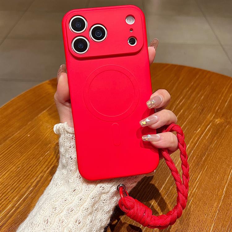 For iPhone 17 Pro Solid Color Liquid Silicone Magnetic Phone Case with Lanyard