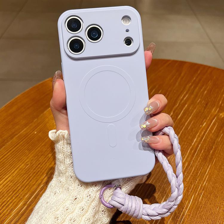 For iPhone 17 Pro Solid Color Liquid Silicone Magnetic Phone Case with Lanyard