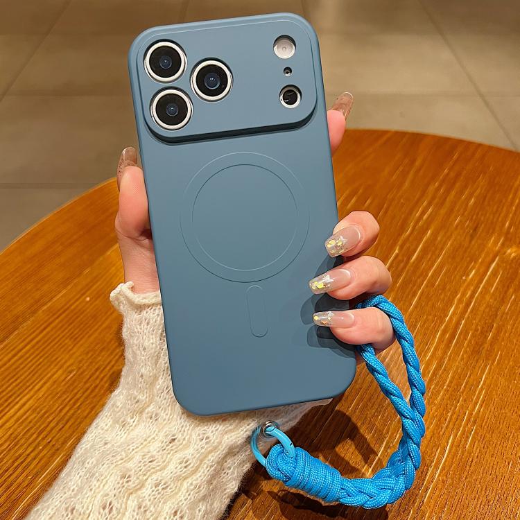 For iPhone 17 Pro Solid Color Liquid Silicone Magnetic Phone Case with Lanyard