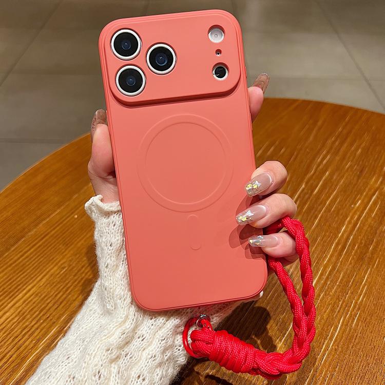 For iPhone 17 Pro Solid Color Liquid Silicone Magnetic Phone Case with Lanyard