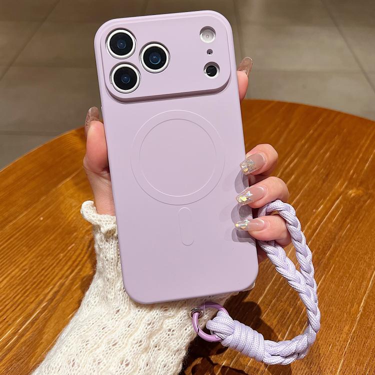 For iPhone 17 Pro Solid Color Liquid Silicone Magnetic Phone Case with Lanyard