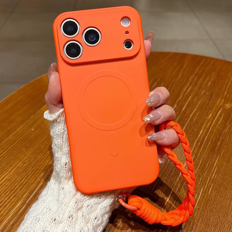 For iPhone 17 Pro Solid Color Liquid Silicone Magnetic Phone Case with Lanyard