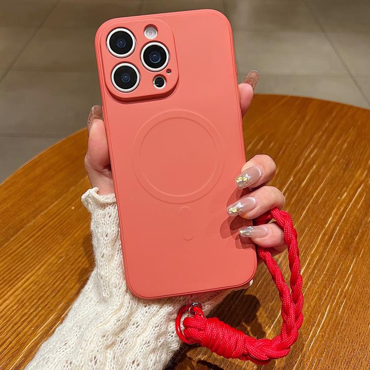 For iPhone 16 Pro Max Solid Color Liquid Silicone Magnetic Phone Case with Lanyard
