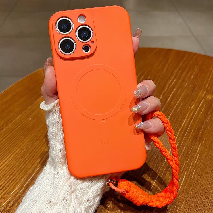 For iPhone 16 Pro Solid Color Liquid Silicone Magnetic Phone Case with Lanyard