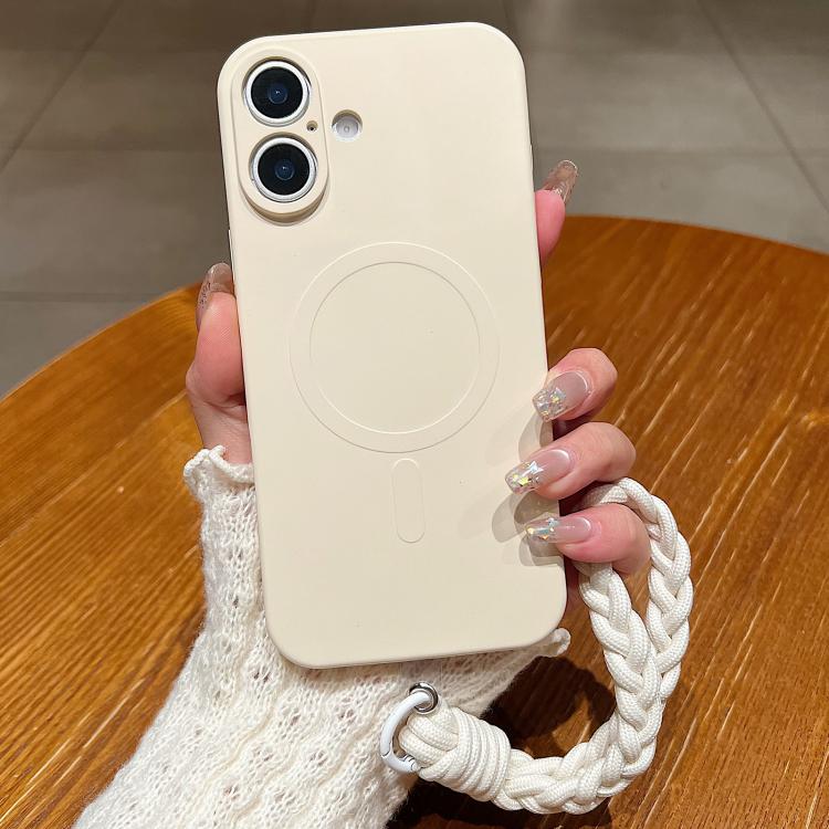 For iPhone 16 Solid Color Liquid Silicone Magnetic Phone Case with Lanyard