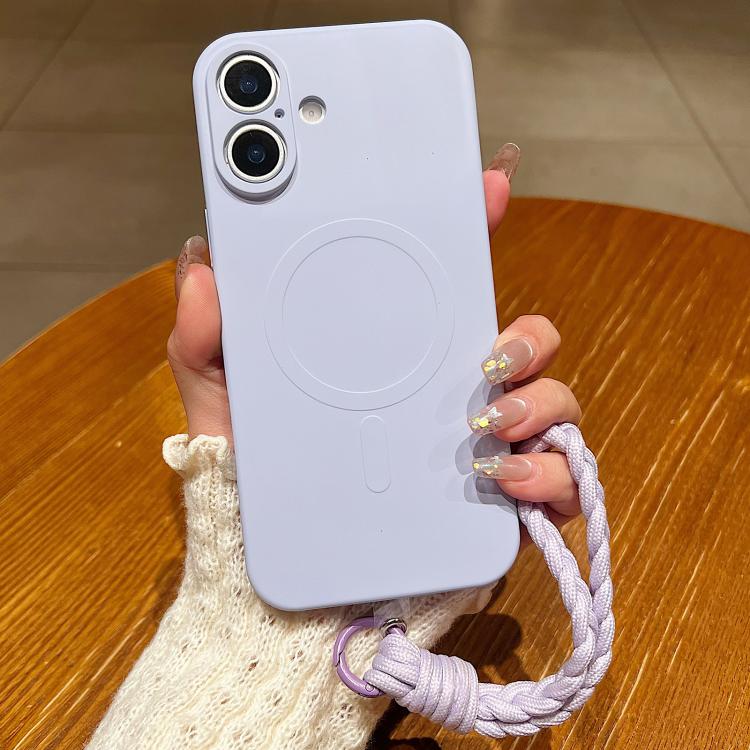 For iPhone 16 Solid Color Liquid Silicone Magnetic Phone Case with Lanyard