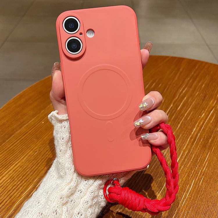 For iPhone 16 Solid Color Liquid Silicone Magnetic Phone Case with Lanyard