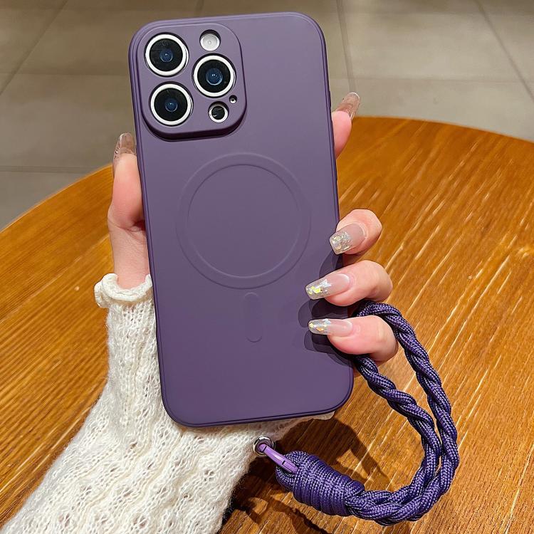 For iPhone 15 Pro Solid Color Liquid Silicone Magnetic Phone Case with Lanyard