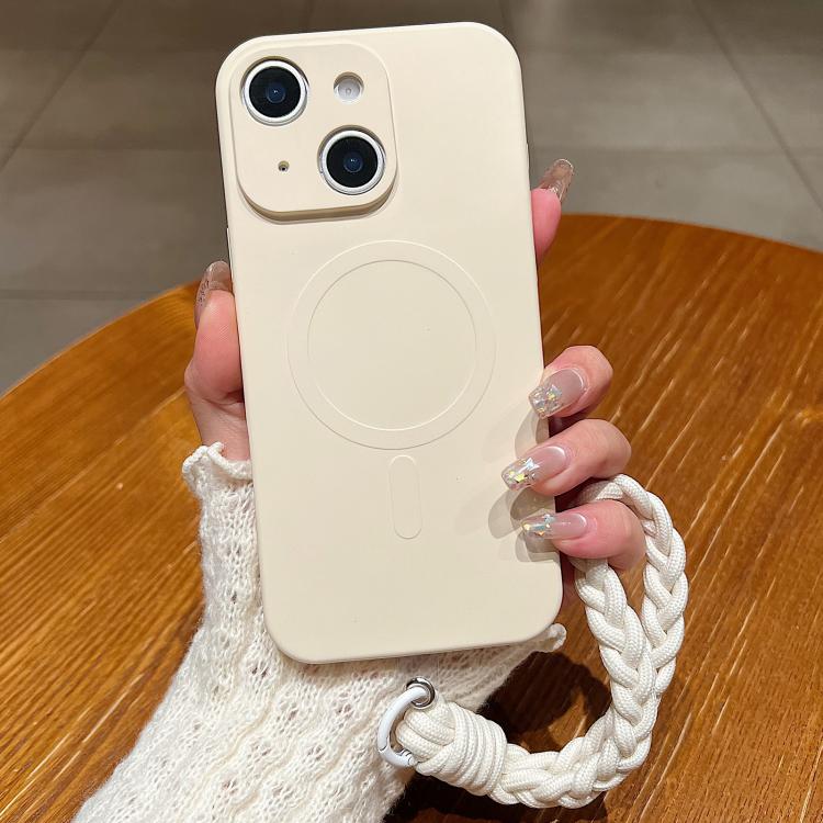 For iPhone 15 Solid Color Liquid Silicone Magnetic Phone Case with Lanyard