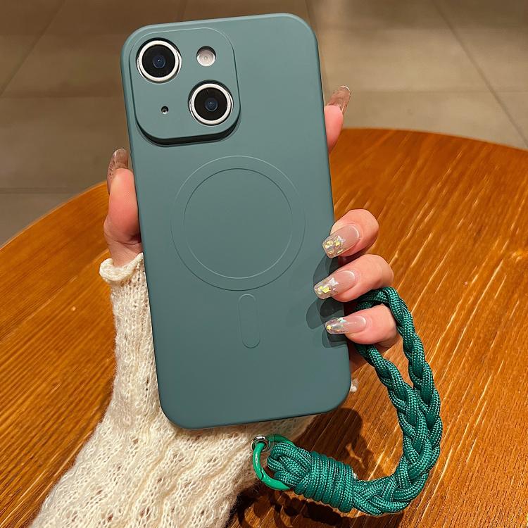 For iPhone 15 Solid Color Liquid Silicone Magnetic Phone Case with Lanyard