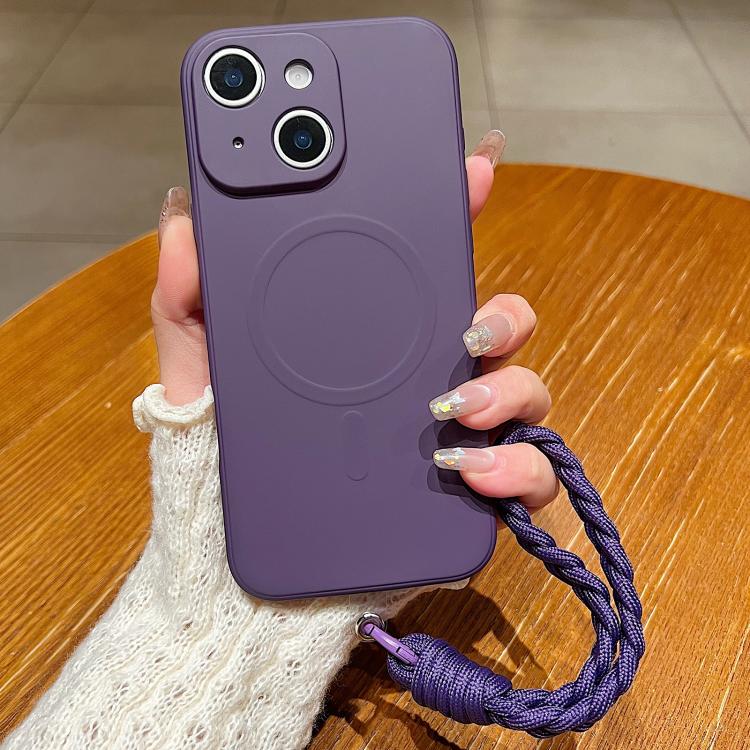 For iPhone 15 Solid Color Liquid Silicone Magnetic Phone Case with Lanyard