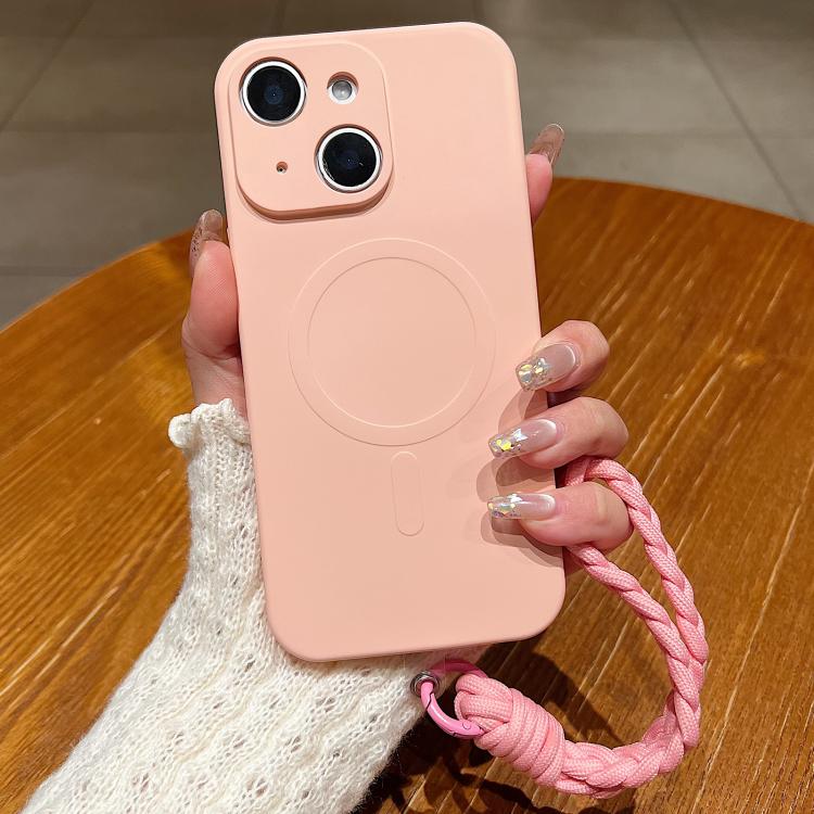 For iPhone 15 Solid Color Liquid Silicone Magnetic Phone Case with Lanyard