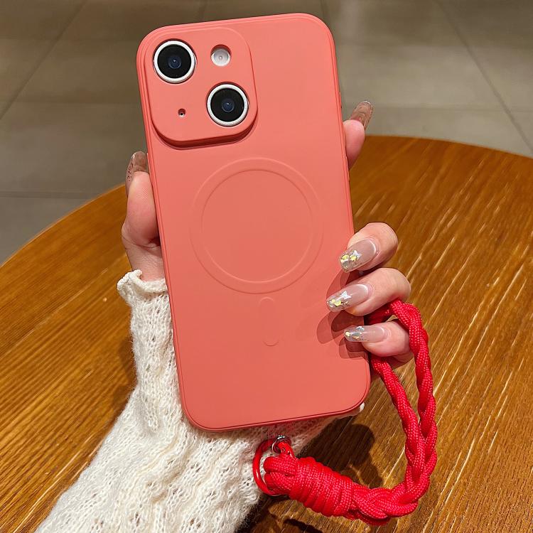 For iPhone 15 Solid Color Liquid Silicone Magnetic Phone Case with Lanyard