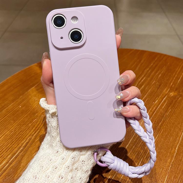 For iPhone 15 Solid Color Liquid Silicone Magnetic Phone Case with Lanyard