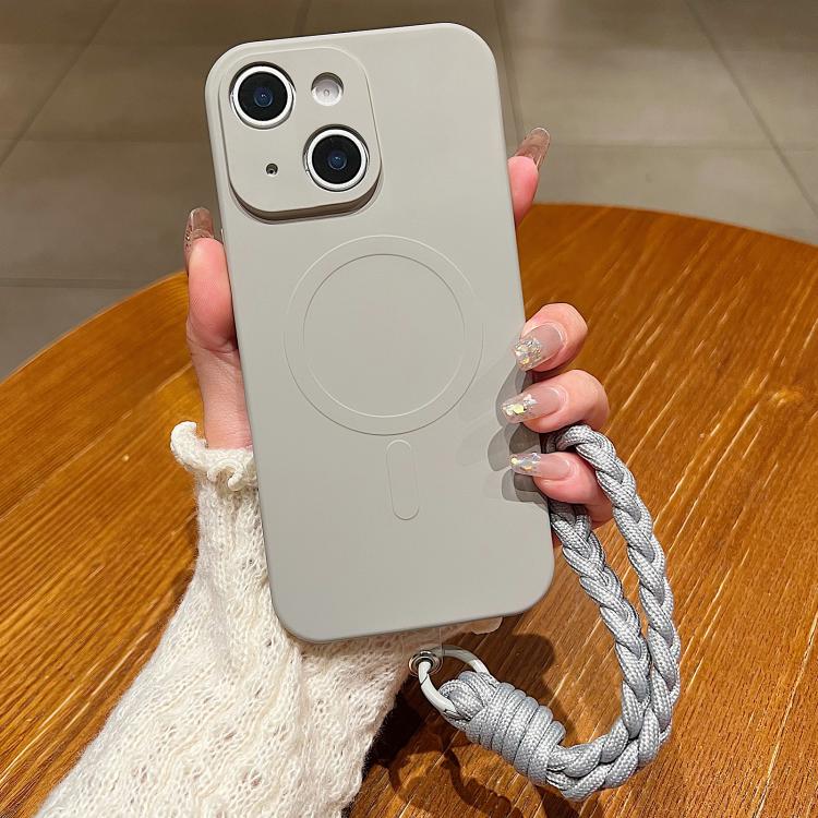 For iPhone 15 Solid Color Liquid Silicone Magnetic Phone Case with Lanyard