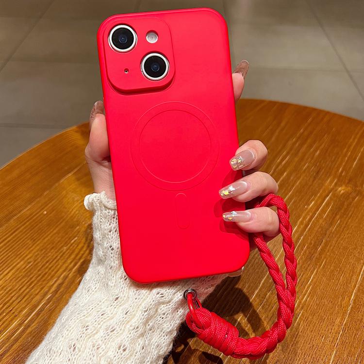 For iPhone 14 Solid Color Liquid Silicone Magnetic Phone Case with Lanyard