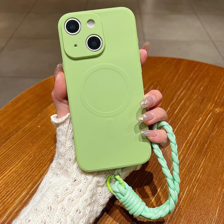 For iPhone 14 Solid Color Liquid Silicone Magnetic Phone Case with Lanyard