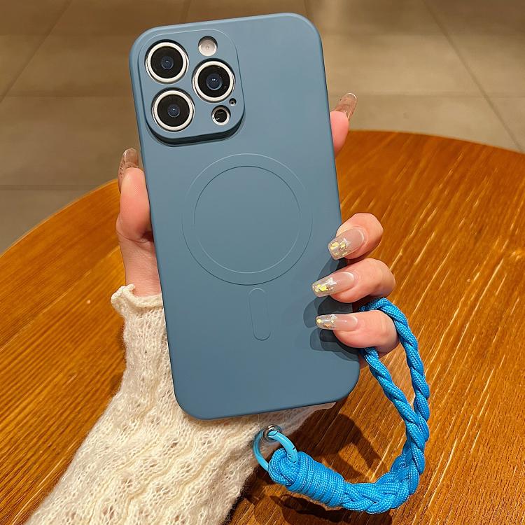 For iPhone 14 Pro Solid Color Liquid Silicone Magnetic Phone Case with Lanyard