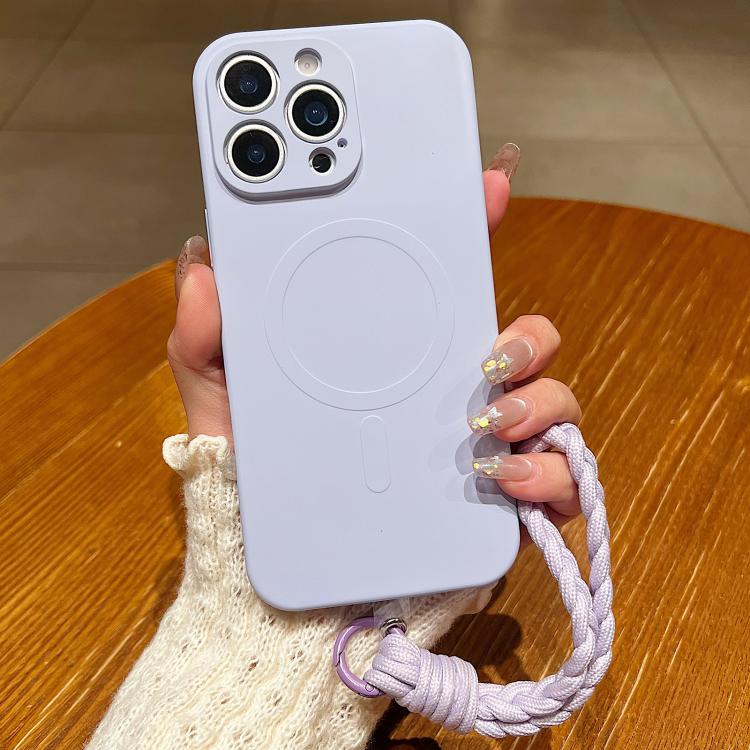 For iPhone 14 Pro Max Solid Color Liquid Silicone Magnetic Phone Case with Lanyard