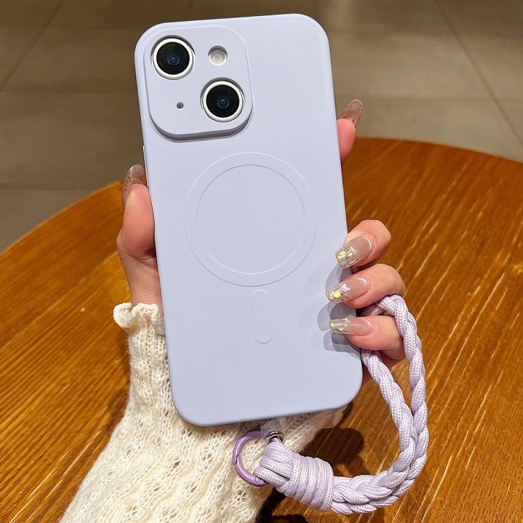For iPhone 13 Solid Color Liquid Silicone Magnetic Phone Case with Lanyard