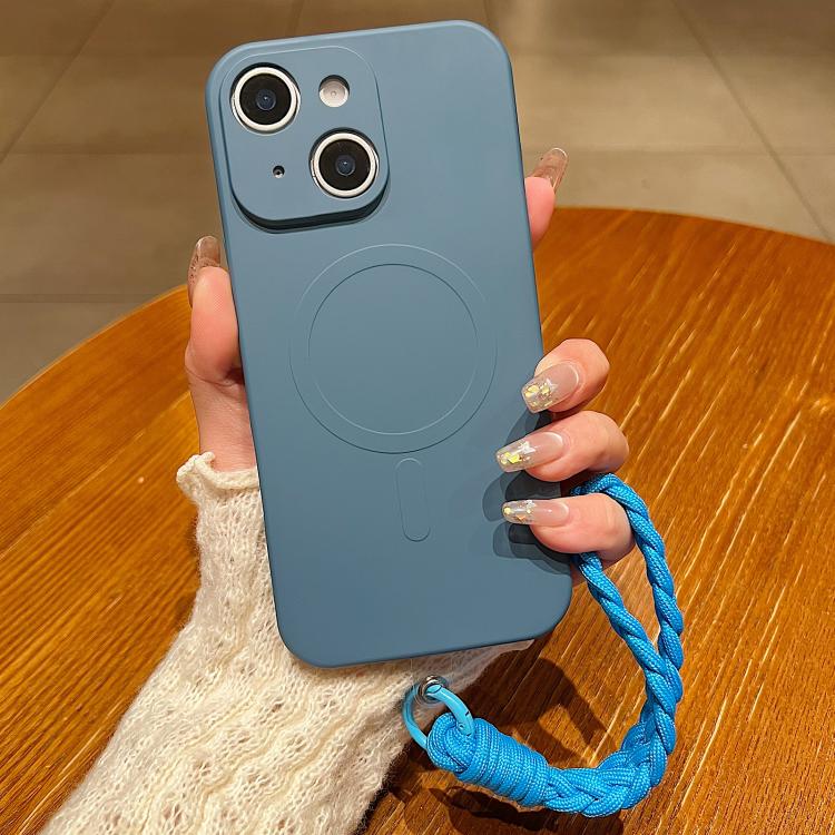 For iPhone 13 Solid Color Liquid Silicone Magnetic Phone Case with Lanyard