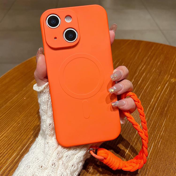 For iPhone 13 Solid Color Liquid Silicone Magnetic Phone Case with Lanyard