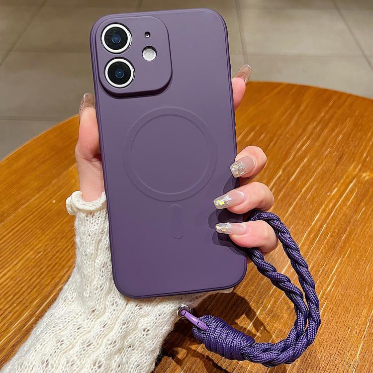 For iPhone 12 Solid Color Liquid Silicone Magnetic Phone Case with Lanyard