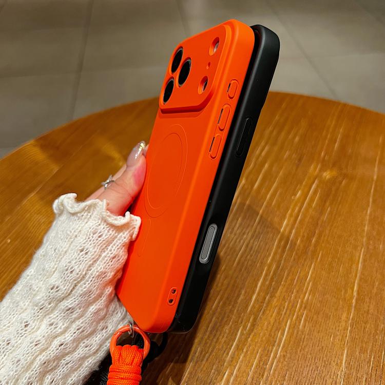 For iPhone 16 Solid Color Liquid Silicone Magnetic Phone Case with Lanyard