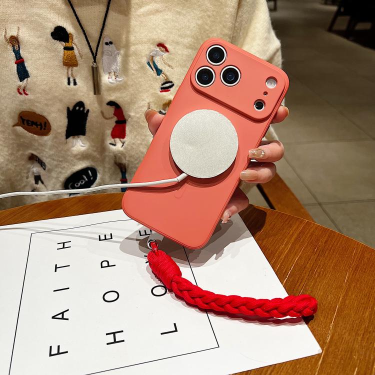 For iPhone 17 Pro Solid Color Liquid Silicone Magnetic Phone Case with Lanyard