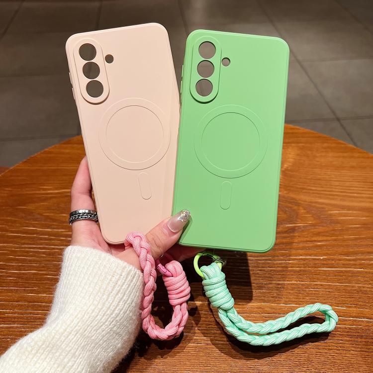 For Samsung Galaxy A55 5G Solid Color Liquid Silicone Magnetic Phone Case with Lanyard