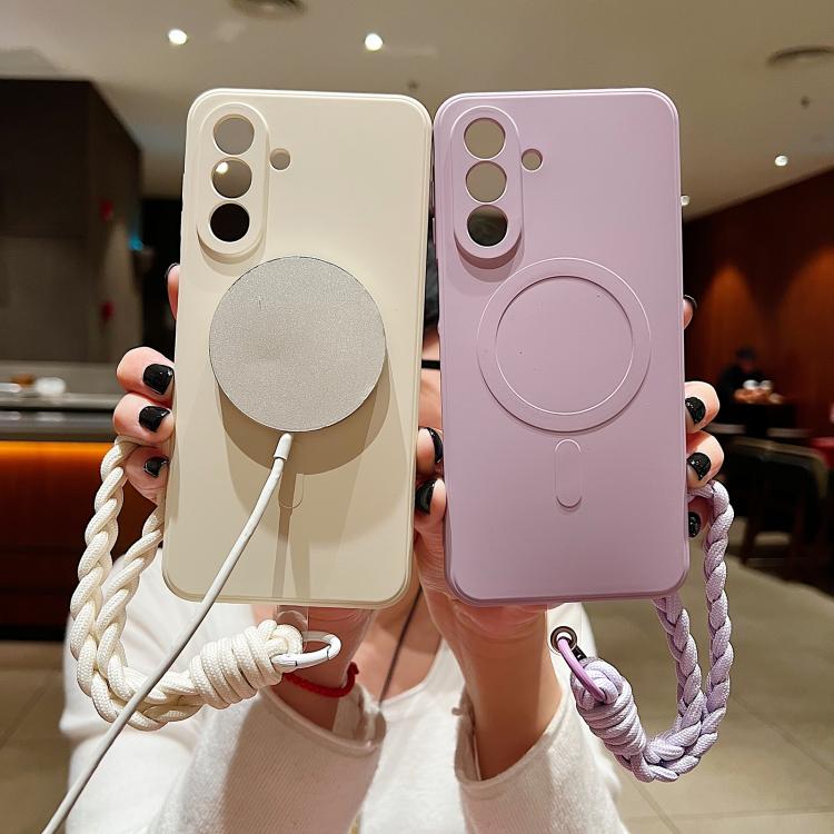 For Samsung Galaxy A55 5G Solid Color Liquid Silicone Magnetic Phone Case with Lanyard