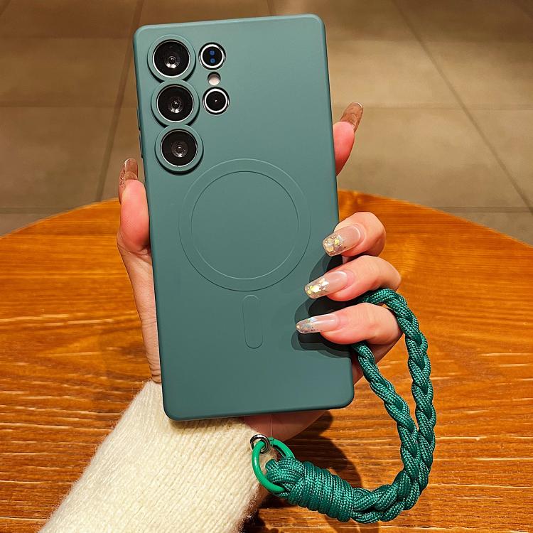 For Samsung Galaxy S25 Ultra 5G Solid Color Liquid Silicone Magnetic Phone Case with Lanyard