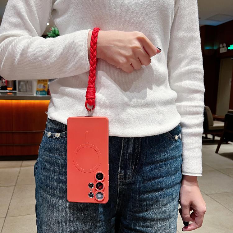 For Samsung Galaxy S25 5G Solid Color Liquid Silicone Magnetic Phone Case with Lanyard
