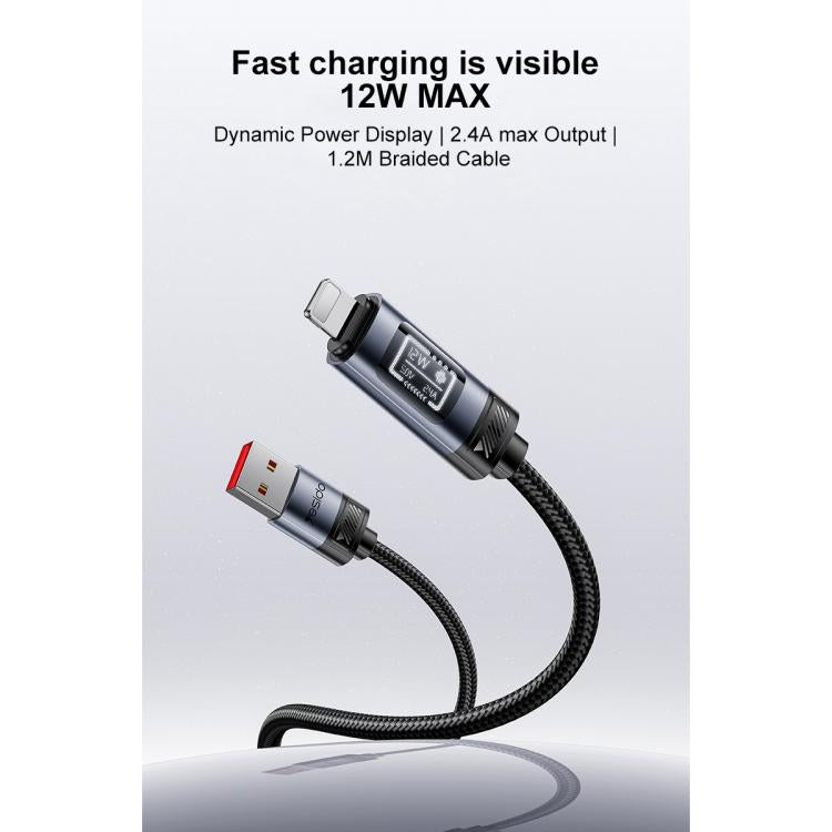 Yesido CA138L 12W 2.4A USB to 8 Pin OLED Display Charging Data Cable, Length:1.2m - Black