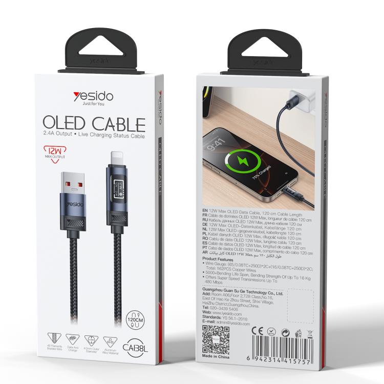 Yesido CA138L 12W 2.4A USB to 8 Pin OLED Display Charging Data Cable, Length:1.2m - Black