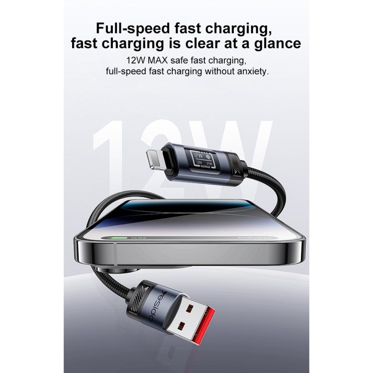 Yesido CA138L 12W 2.4A USB to 8 Pin OLED Display Charging Data Cable, Length:1.2m - Black
