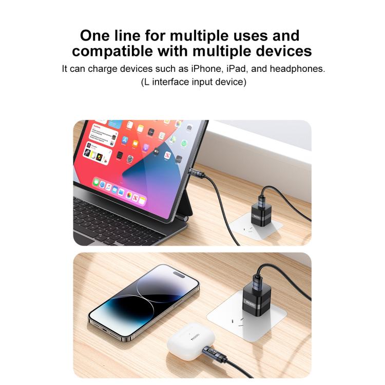 Yesido CA138L 12W 2.4A USB to 8 Pin OLED Display Charging Data Cable, Length:1.2m - Black