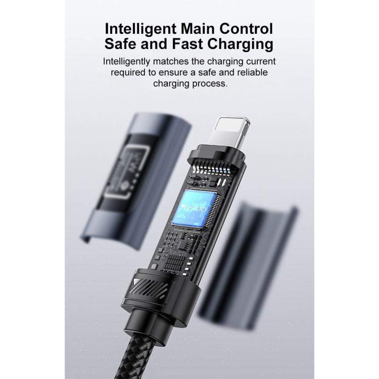 Yesido CA138L 12W 2.4A USB to 8 Pin OLED Display Charging Data Cable, Length:1.2m - Black