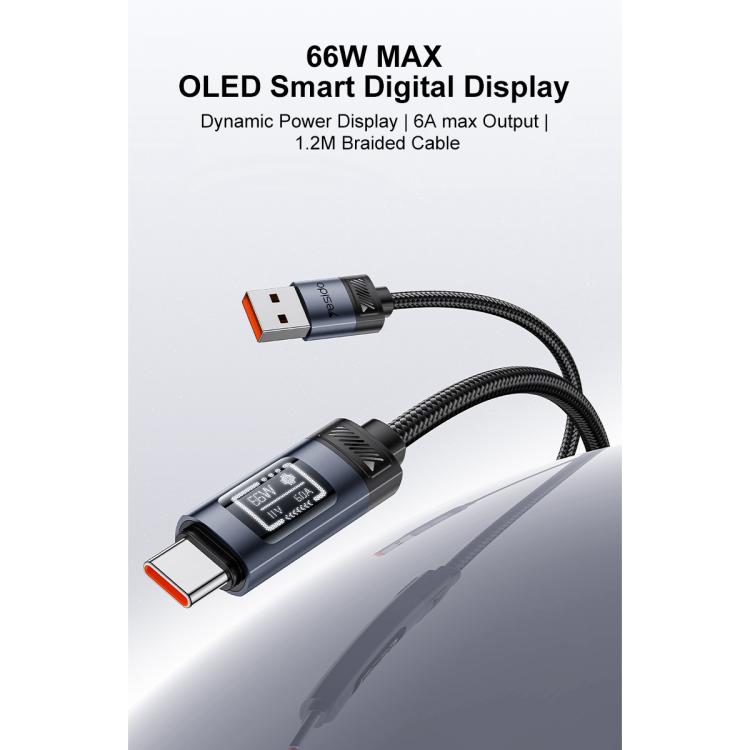 Yesido CA138C 66W USB to Type-C OLED Display Charging Data Cable, Length:1.2m - Black