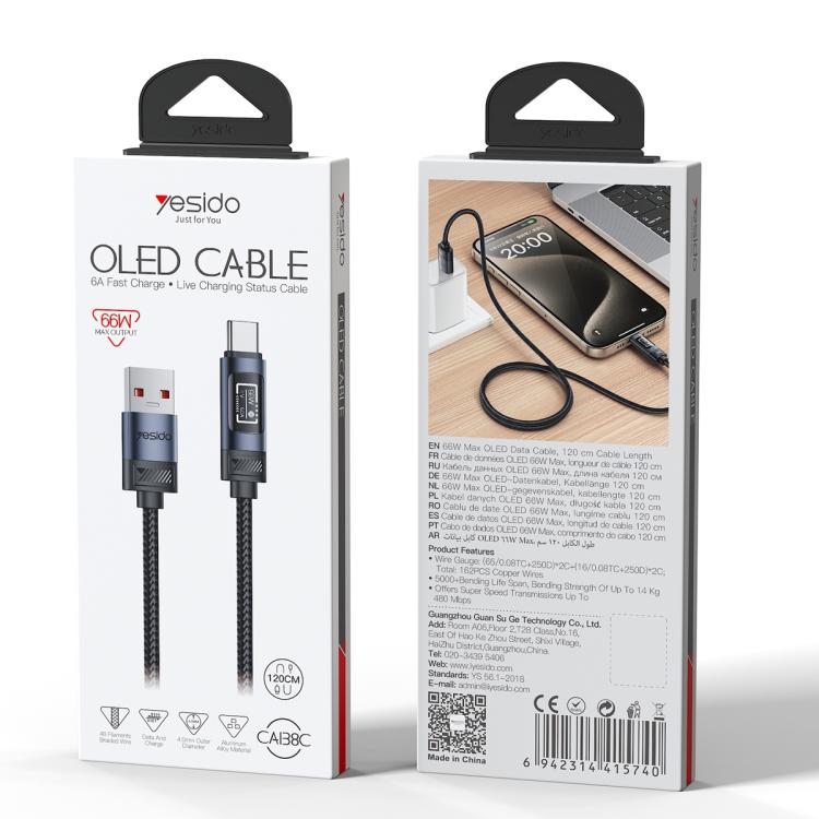 Yesido CA138C 66W USB to Type-C OLED Display Charging Data Cable, Length:1.2m - Black