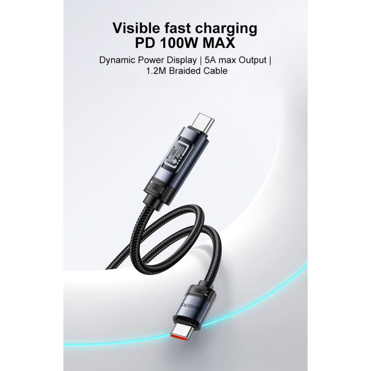 Yesido CA202 100W 5A Type-C to Type-C OLED Display Charging Data Cable, Length:1.2m - Black