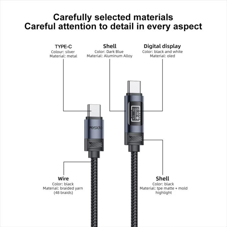 Yesido CA202 100W 5A Type-C to Type-C OLED Display Charging Data Cable, Length:1.2m - Black