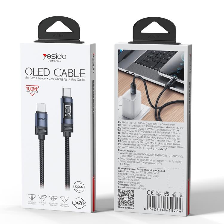 Yesido CA202 100W 5A Type-C to Type-C OLED Display Charging Data Cable, Length:1.2m - Black