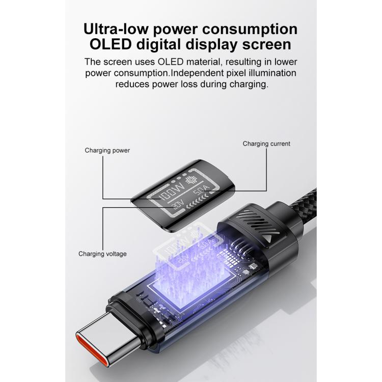 Yesido CA202 100W 5A Type-C to Type-C OLED Display Charging Data Cable, Length:1.2m - Black