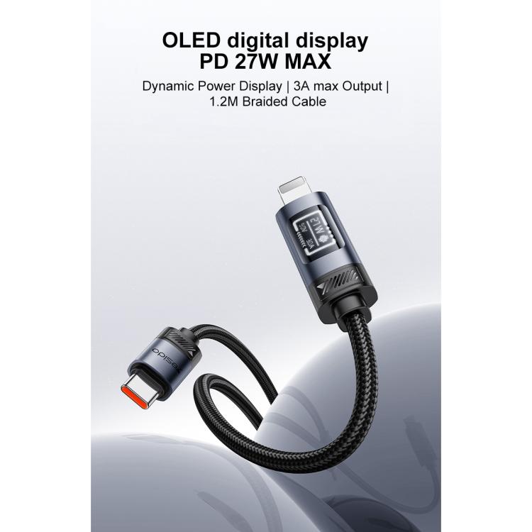 Yesido CA201 27W Type-C to 8 Pin OLED Display Charging Data Cable, Length:1.2m - Black