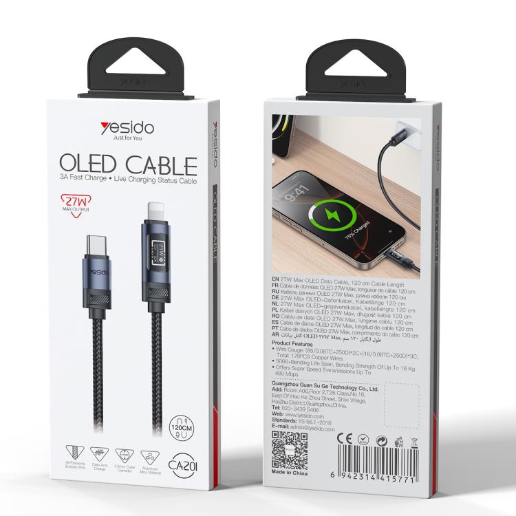 Yesido CA201 27W Type-C to 8 Pin OLED Display Charging Data Cable, Length:1.2m - Black