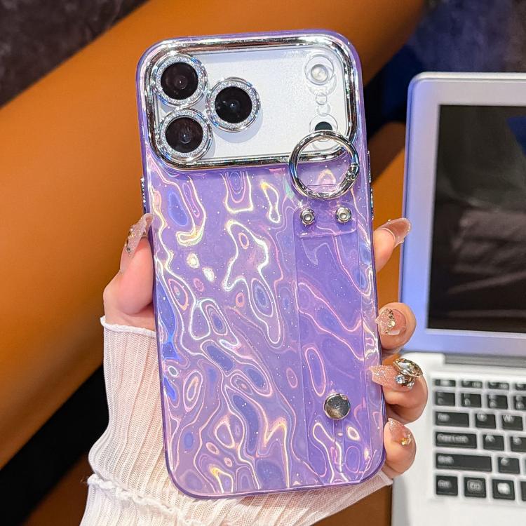 For iPhone 13 Pro Max Plating Wrinkled Texture Wristband Holder TPU Phone Case with Lens Film