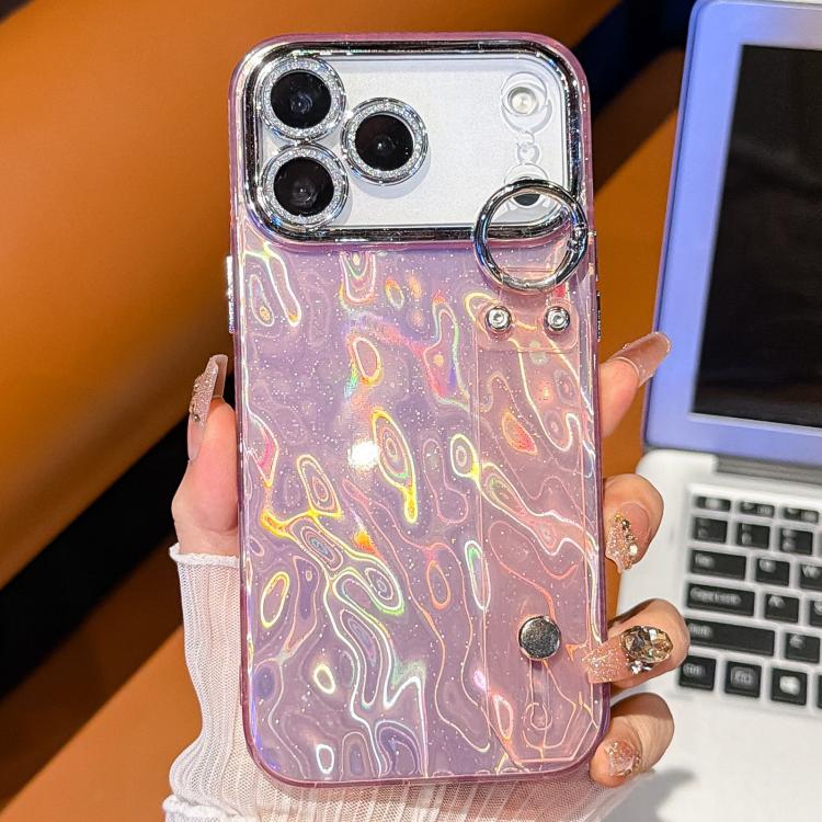 For iPhone 13 Pro Plating Wrinkled Texture Wristband Holder TPU Phone Case with Lens Film