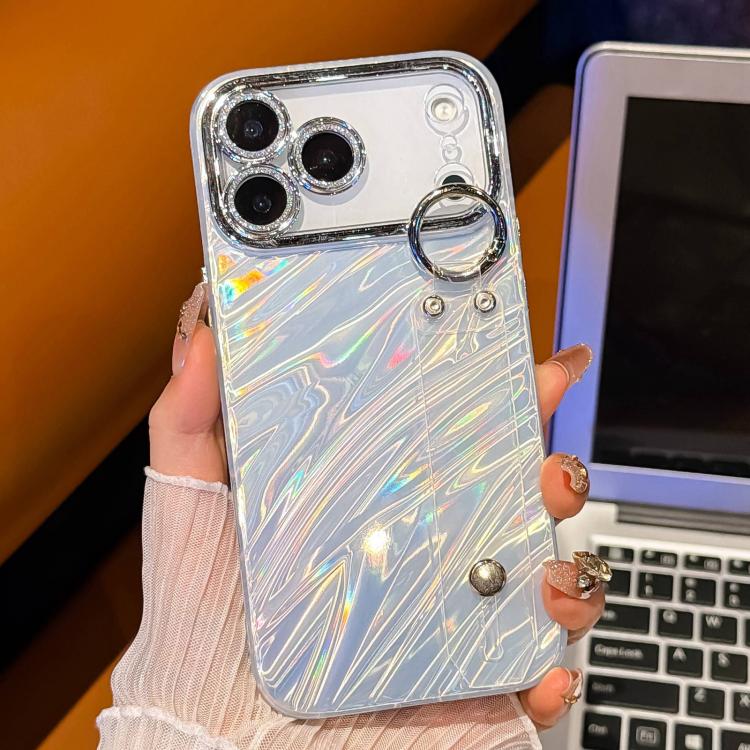 For iPhone 17 Pro Max Plating Ripples Texture Wristband Holder TPU Phone Case with Lens Film