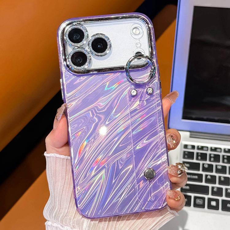 For iPhone 14 Plating Ripples Texture Wristband Holder TPU Phone Case with Lens Film